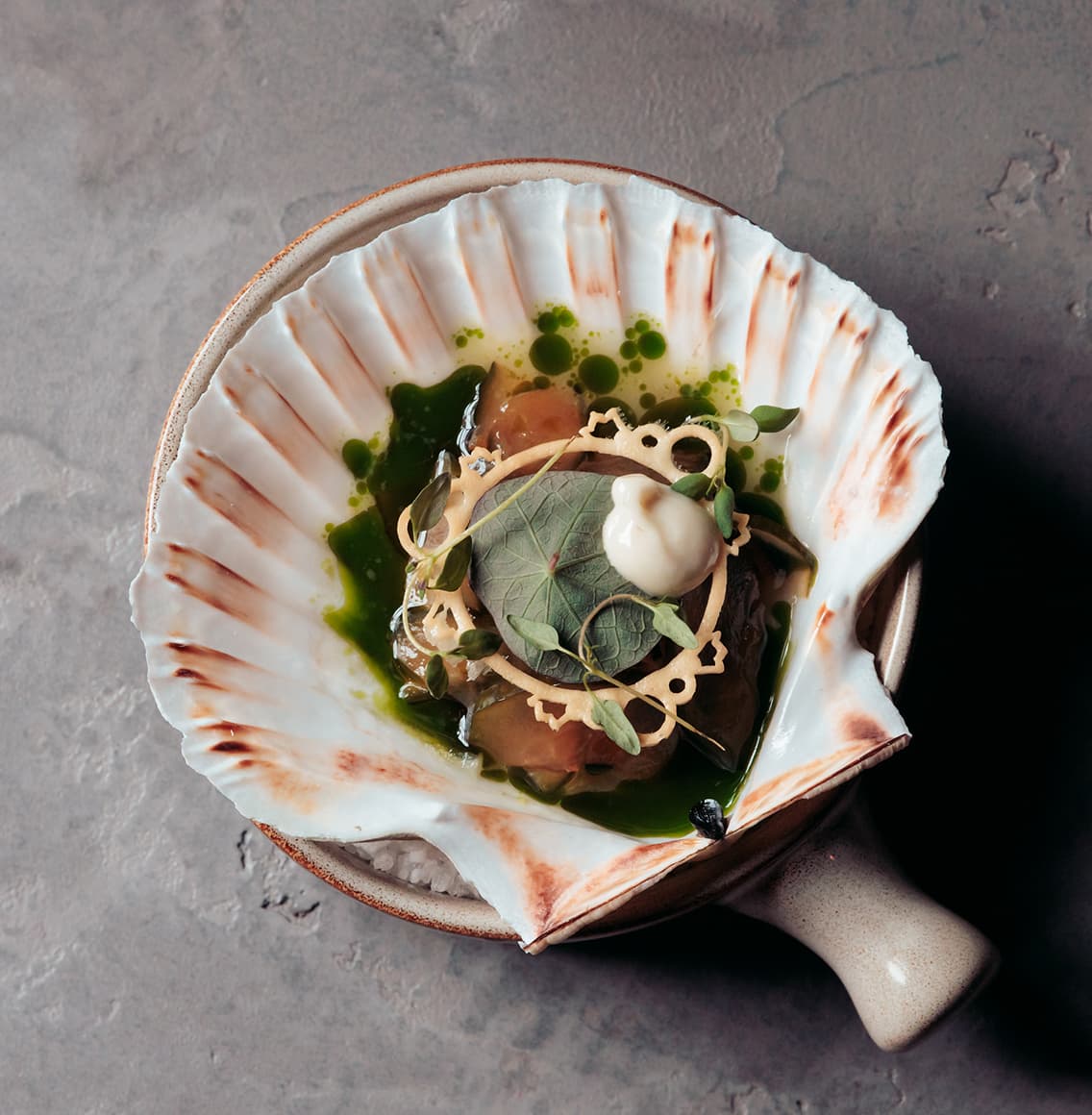 A dish served in a scallop shell with green sauce, leaves, and a circular garnish on top, placed on a ceramic plate.